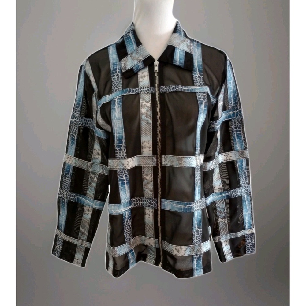 DRAPERS & DAMONS Black Blue PM Sheer Alt Y2K Faux Leather Full Zip Top Jacket